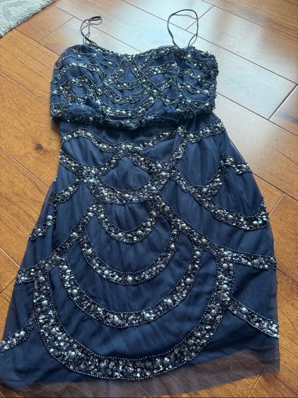 Beaded Navy Spaghetti-Strap Party Dress